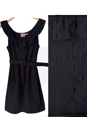 JUICY COUTURE Embroidered Swiss Dot Cotton Belted Ruffled Dress Black Sleeveless